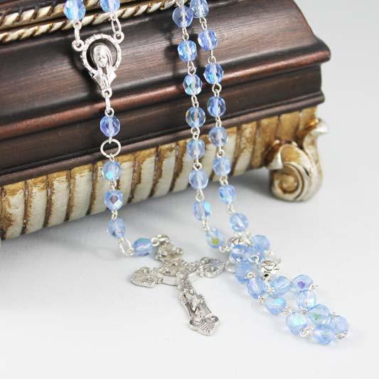 Blue Crystal Silver Cross Rosary Necklace - Gothic Grace Inc