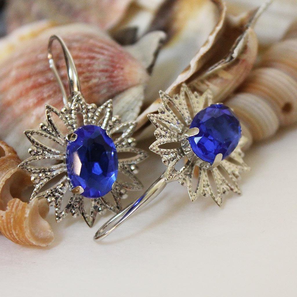 Blue Crystal Silver Filigree Dangle Earrings - Gothic Grace Inc