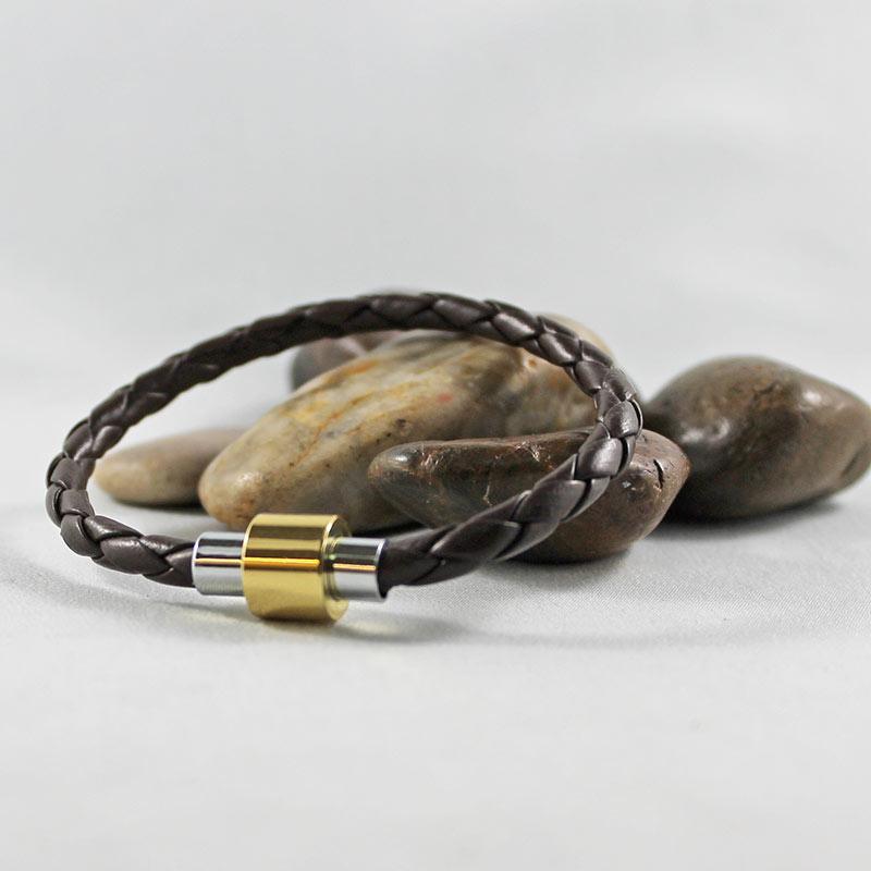 Brown Leather Silver & Gold Magnetic Clasp Bracelet - Gothic Grace Inc