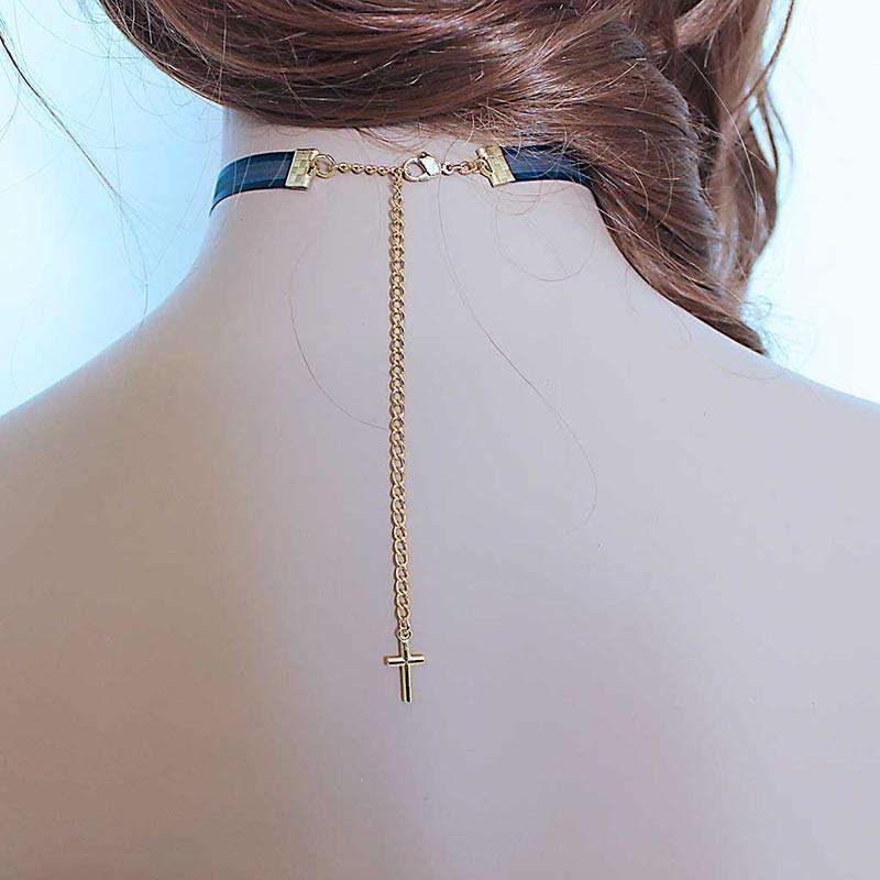 Gold Cross Blue Dainty Thin Choker Necklace - Gothic Grace Inc