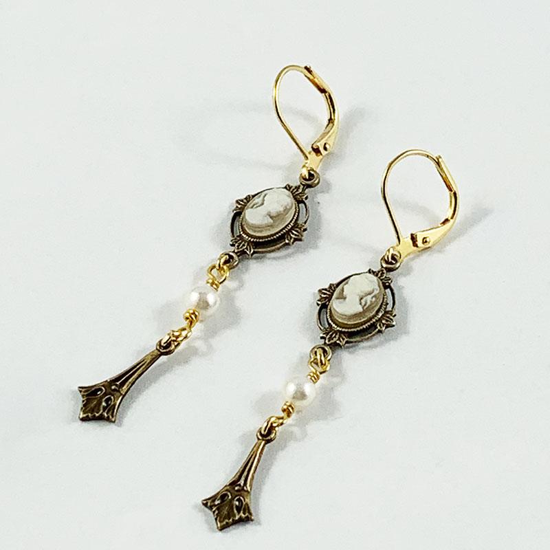 Gold Victorian Ivory Cameo Dangle Earrings - Gothic Grace Inc