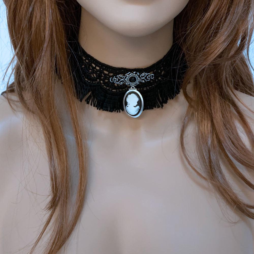 Gothic Victorian Black Fringed Lace Cameo Choker - Gothic Grace Inc