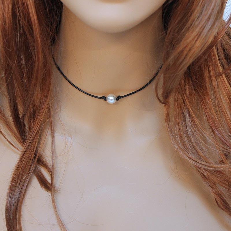Handmade Single Pearl Black Leather Choker Necklace - Gothic Grace Inc