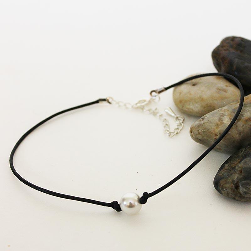 Handmade Single Pearl Black Leather Choker Necklace - Gothic Grace Inc