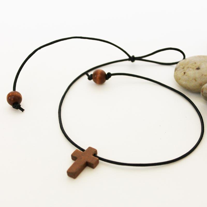 Men's Black Leather Wooden Cross Spiritual Choker Necklace - Gothic Grace Inc
