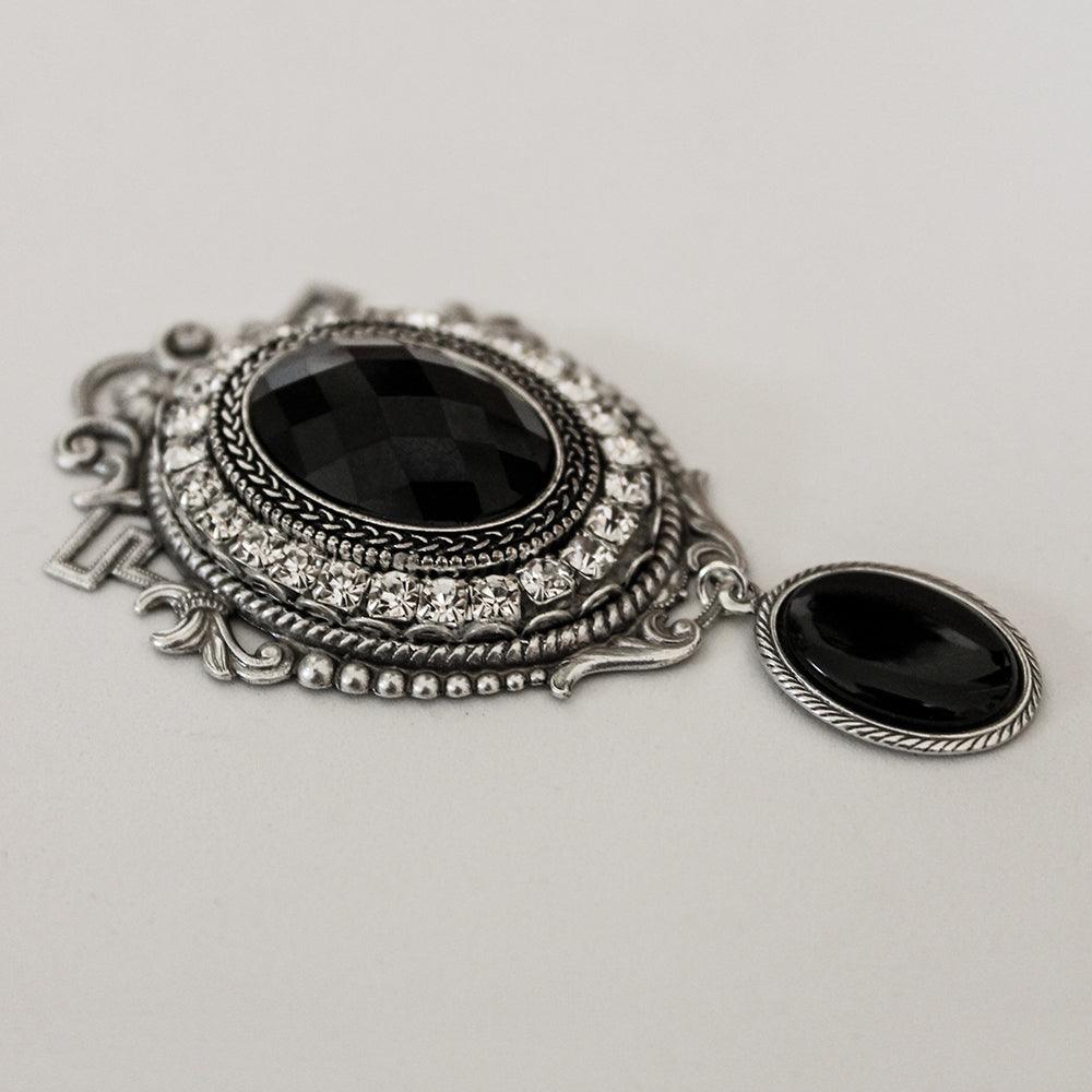 Silver Black Crystal Victorian Cameo Brooch - Gothic Grace Inc