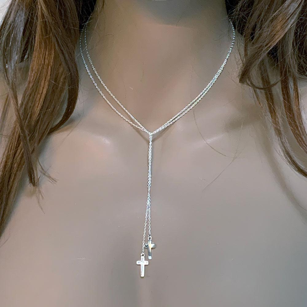 Sterling Silver Double Cross Lariat Necklace - Gothic Grace Inc