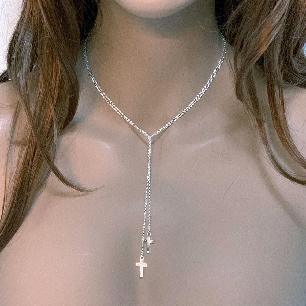 Sterling Silver Double Cross Lariat Necklace - Gothic Grace Inc