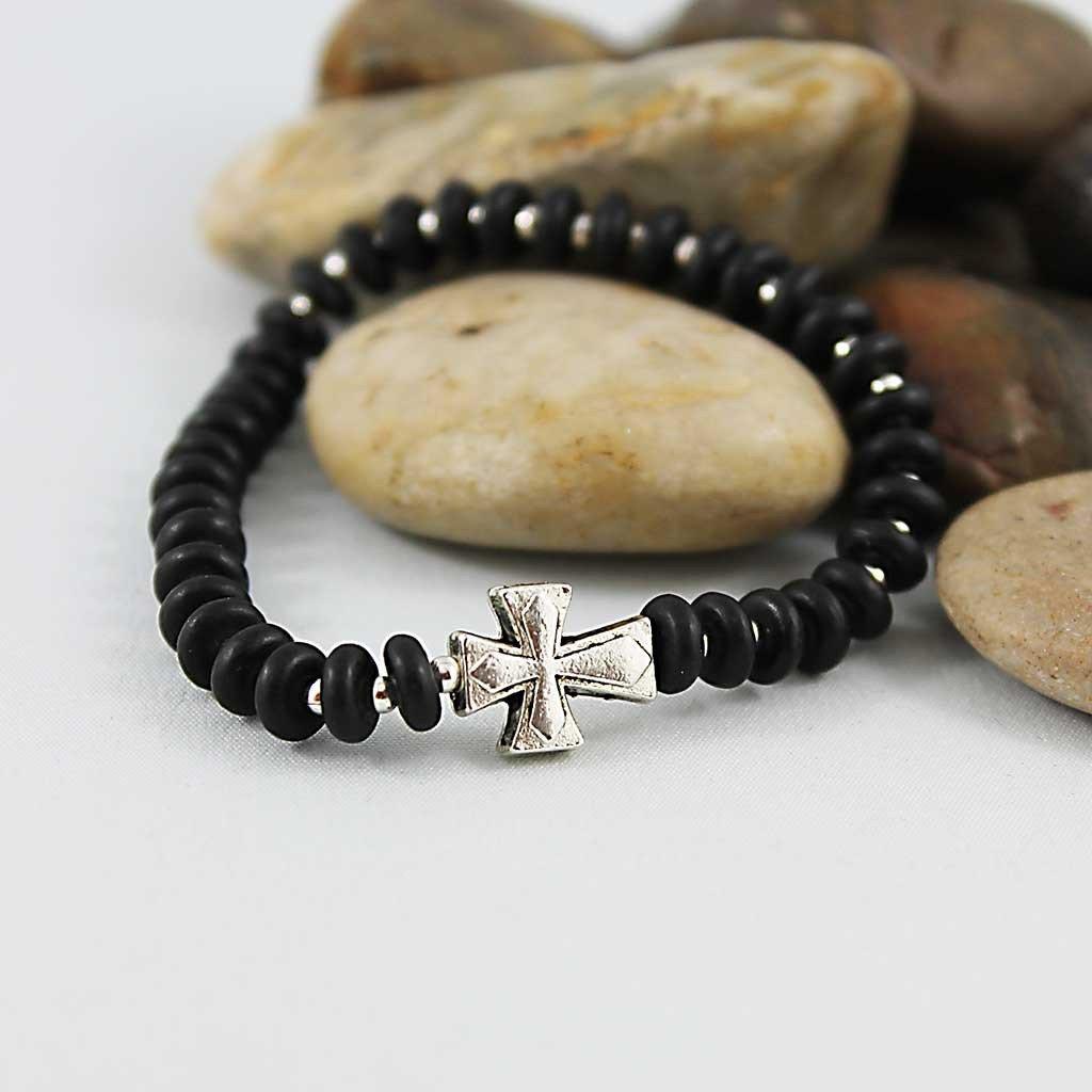 Unisex Black Onyx Disc Beaded Cross Bracelet Gothic Grace Inc