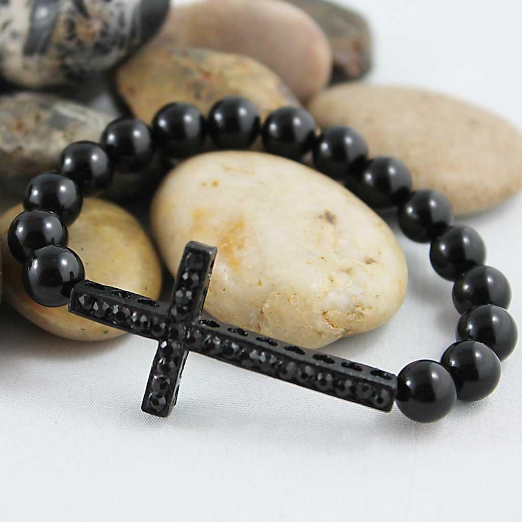 Unisex Spiritual Black Onyx Sideways Cross Bracelet - Gothic Grace Inc