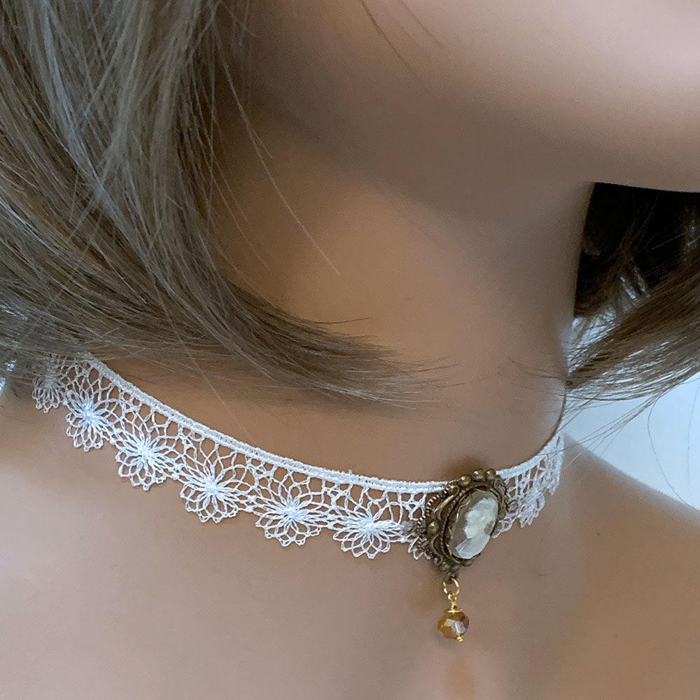White Lace Victorian Cameo Choker - Gothic Grace Inc