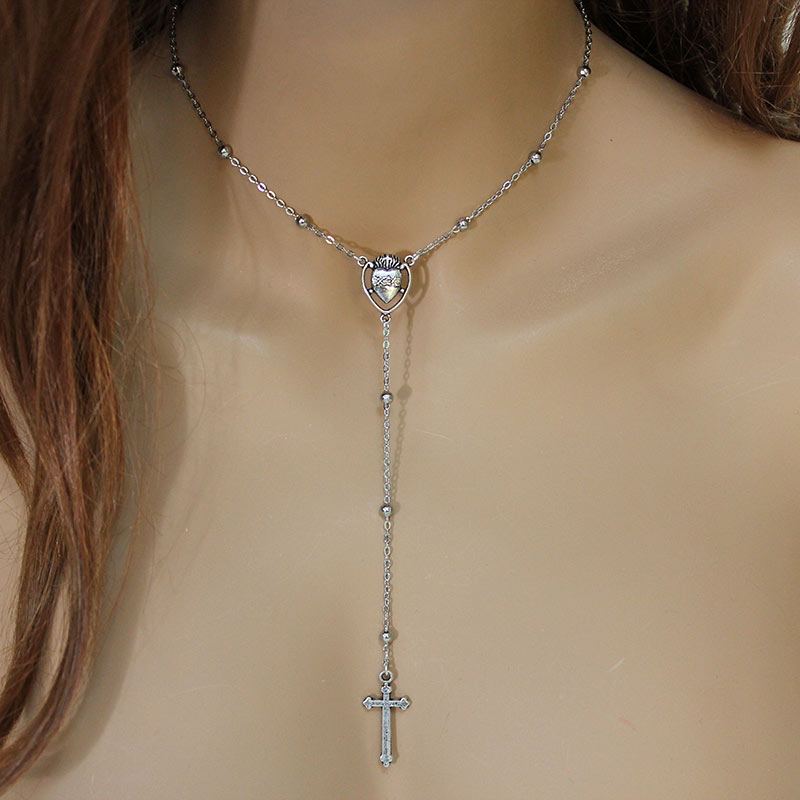 Silver Sacred Heart Rosary Style Necklace | Gothic Grace Jewellery Handmade in Canada