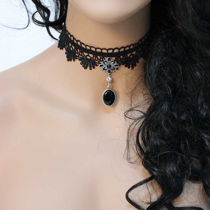 Handmade Victorian Choker Necklace, Black Scalloped Lace with decorative black pendant by Gothic Grace