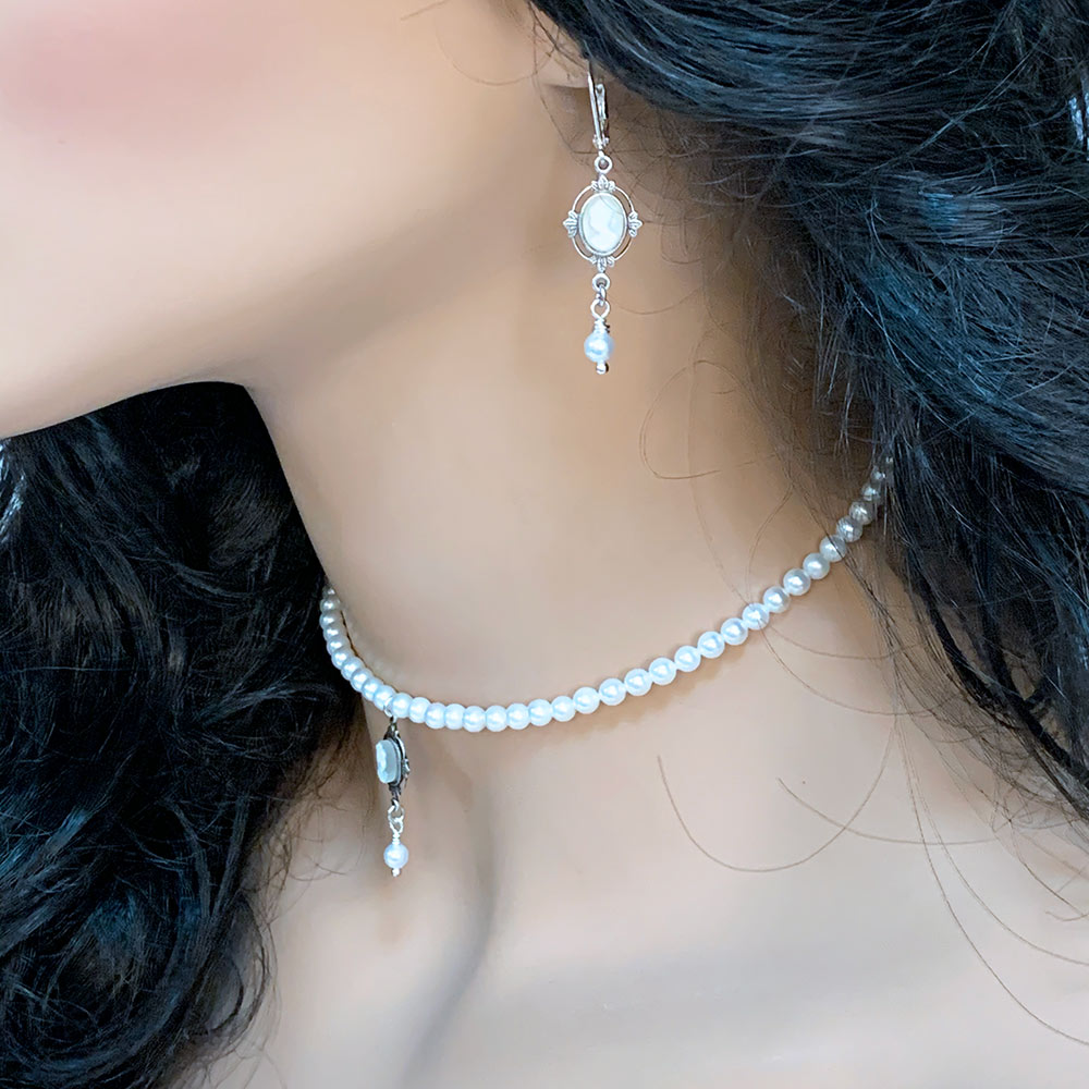 Dainty Victorian Cameo Pearl Choker and Earrings Bridal Set | Gothic Grace Jewellery Handmade in Canada