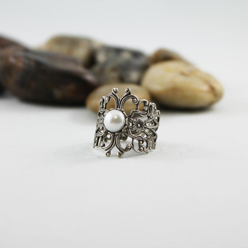 Adjustable Silver Victorian Pearl Ring - Gothic Grace Inc