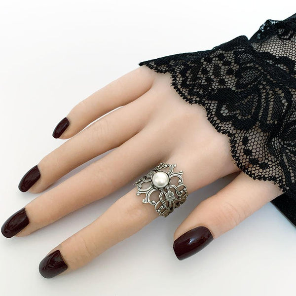 Gothic Pearl Rings Adjustable Silver Victorian Pearl Ring - Gothic Grace Inc