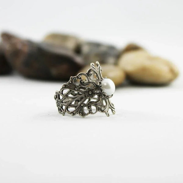 Gothic Pearl Rings Adjustable Silver Victorian Pearl Ring - Gothic Grace Inc