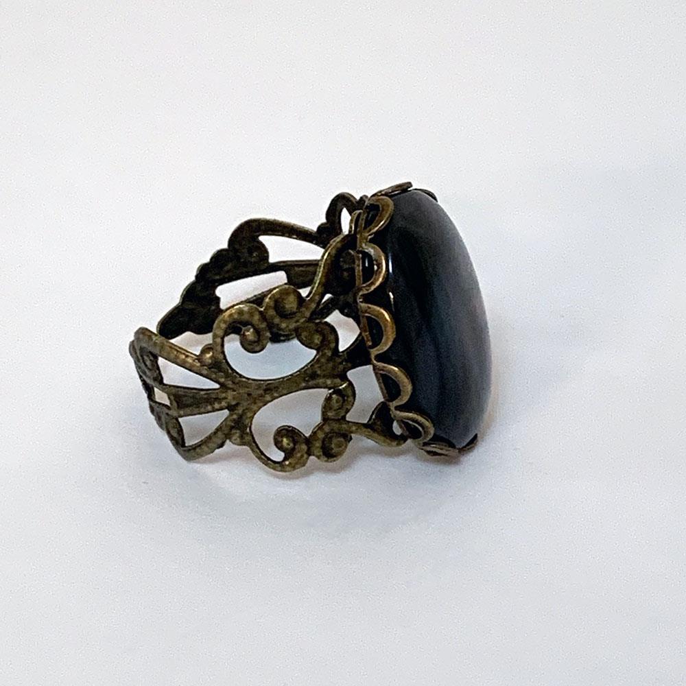 Adjustable Victorian Filigree Ring with Black Cabochon - Gothic Grace Inc