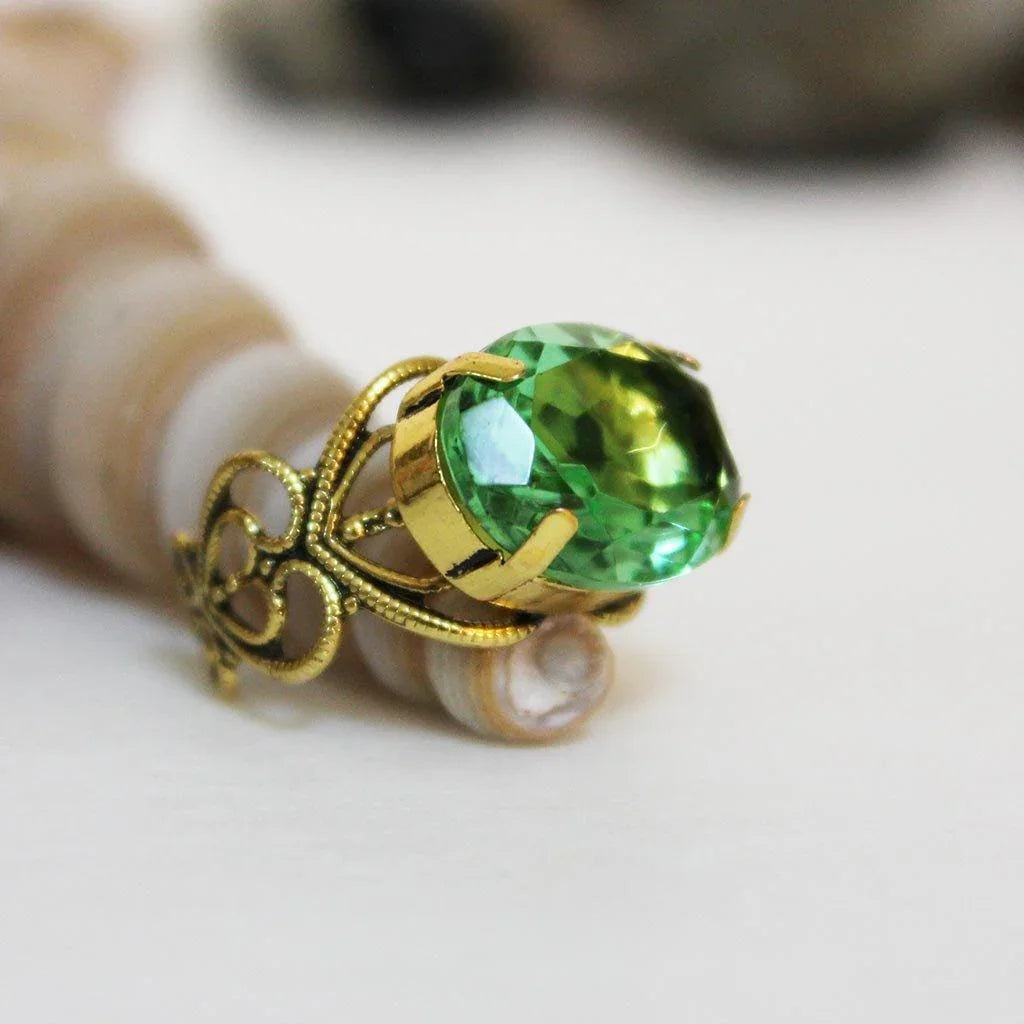 Antique Gold Filigree Green Crystal Ring - Gothic Grace Inc
