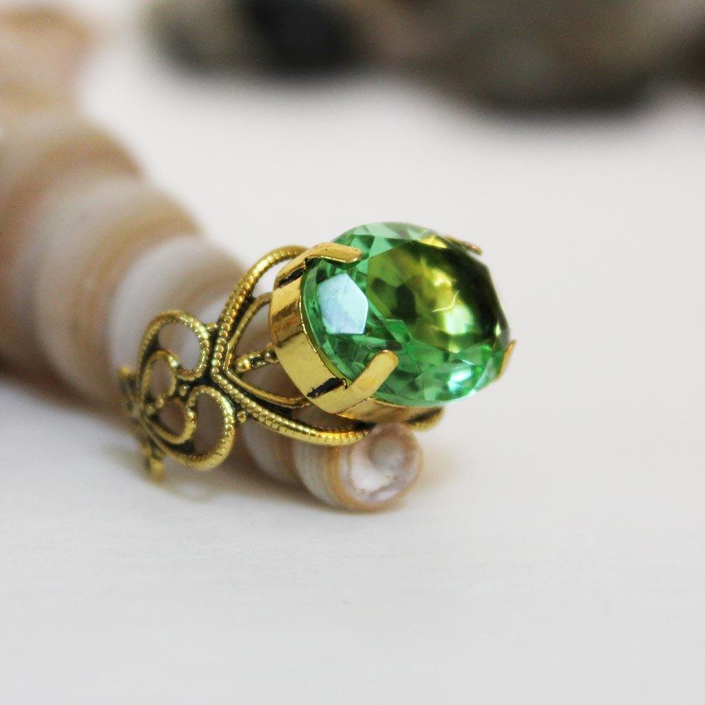 Antique Gold Filigree Green Crystal Ring - Gothic Grace Inc