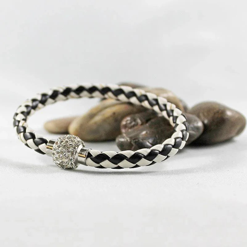 Black & White Leather Rhinestone Clasp Bracelet - Gothic Grace Inc