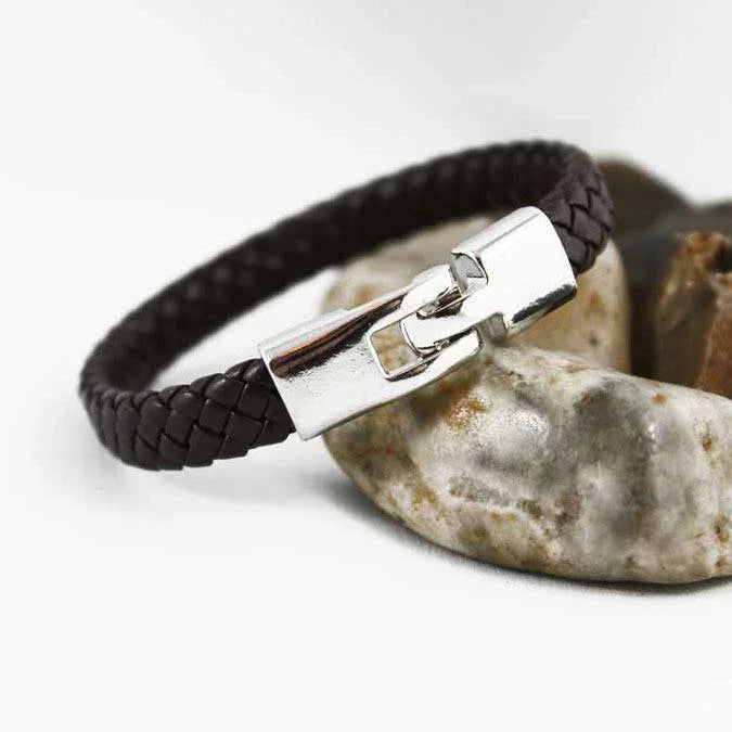 Black Braided Leather Bracelet with Silver Hook Clasp - Gothic Grace Inc