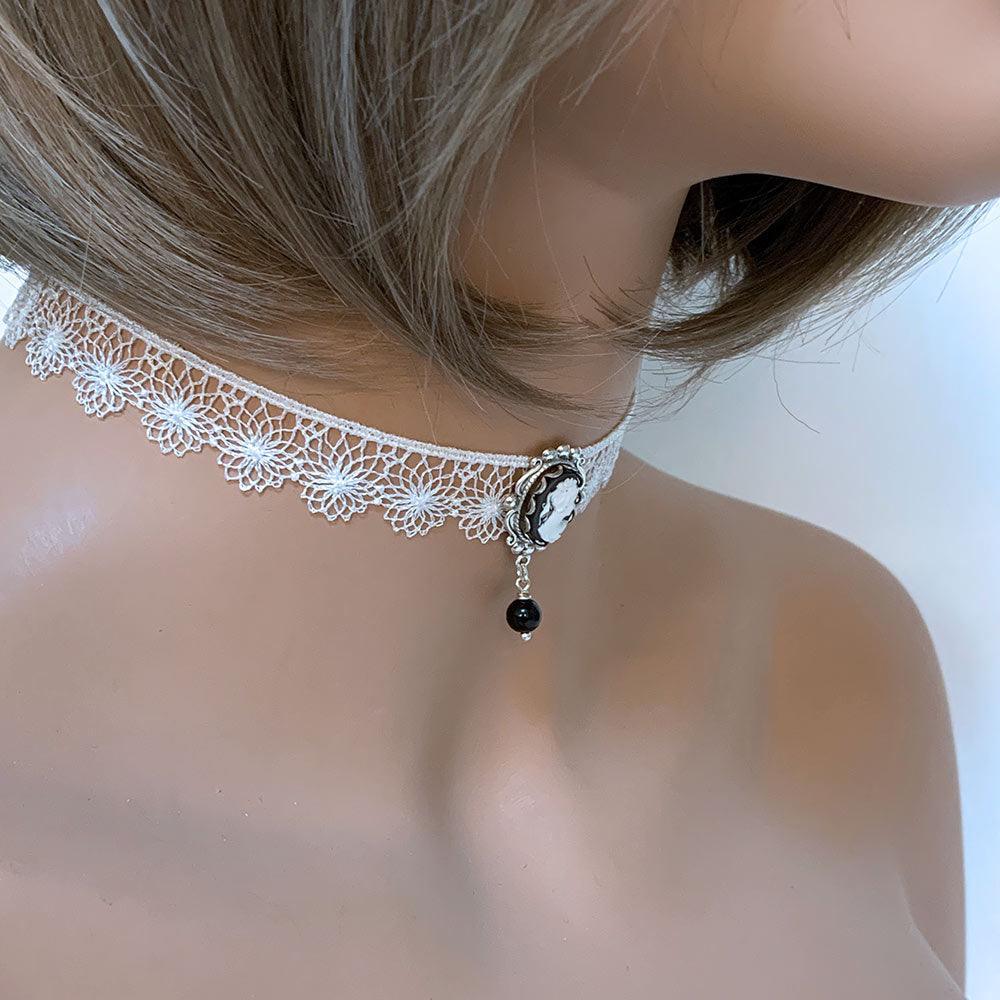 Black Cameo White Lace Victorian Choker - Gothic Grace Inc