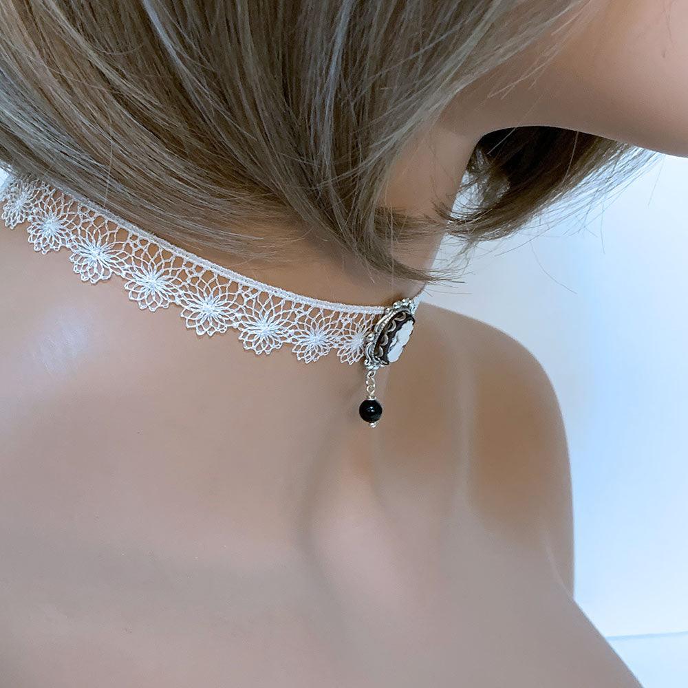 Black Cameo White Lace Victorian Choker - Gothic Grace Inc