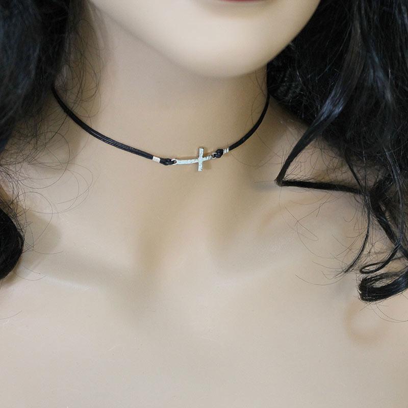 Black Cord Silver Sideways Cross Choker - Gothic Grace Inc