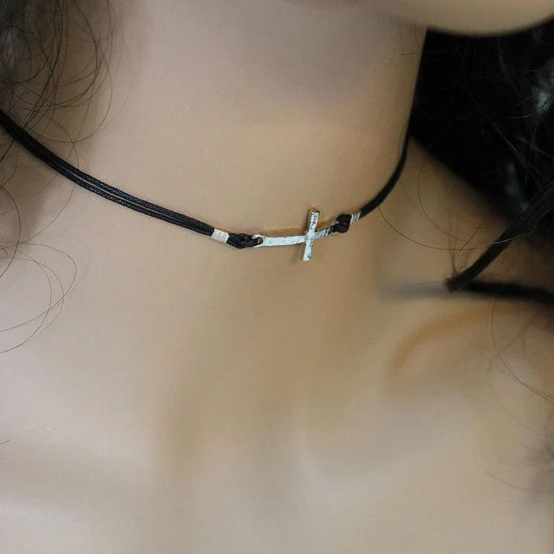 Black Cord Silver Sideways Cross Choker - Gothic Grace Inc