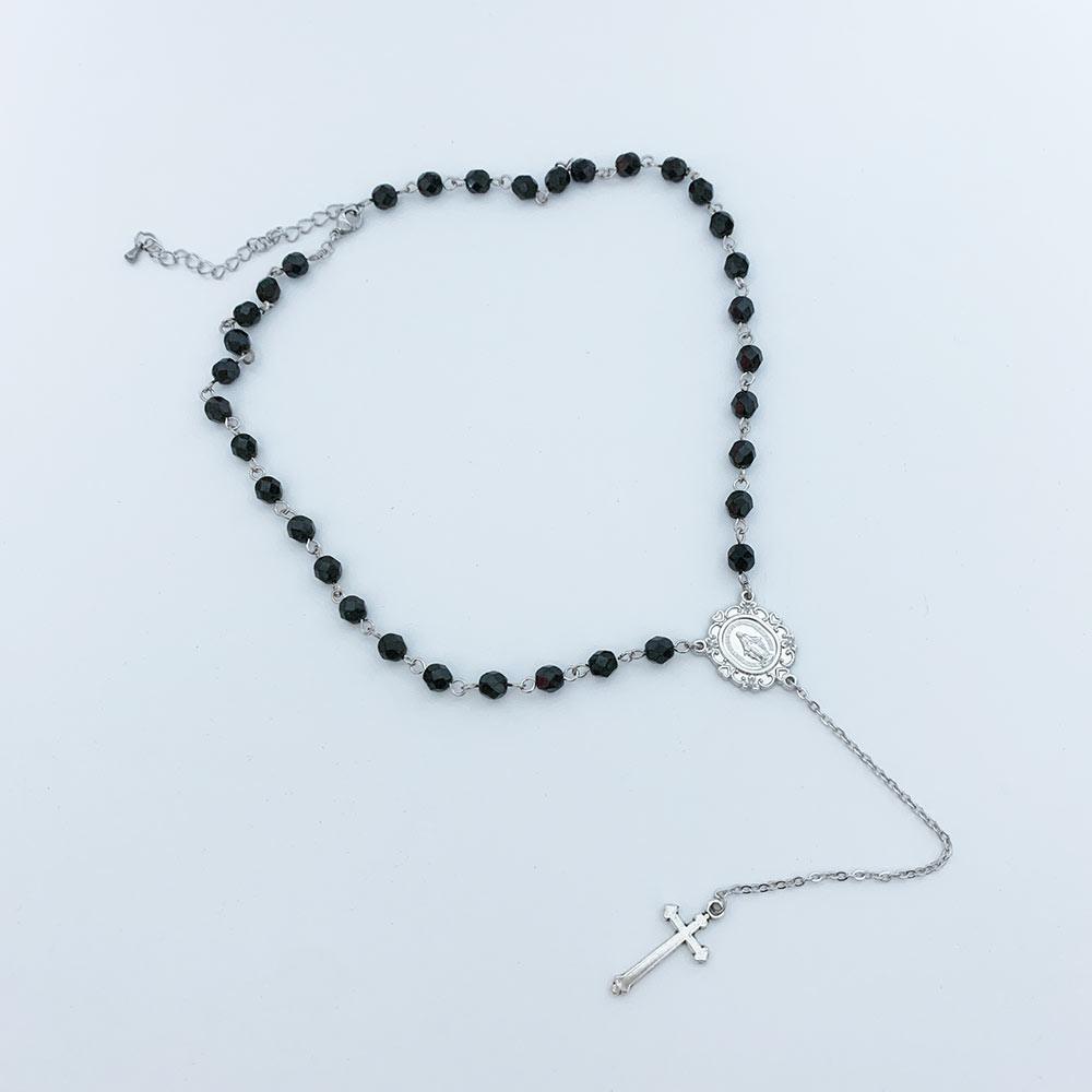 Black Crystal Rosary Style Necklace - Gothic Grace Inc