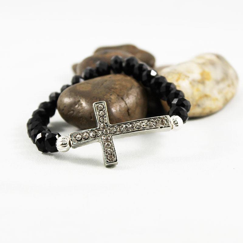Black Crystal Sideways Cross Bracelet - Gothic Grace Inc
