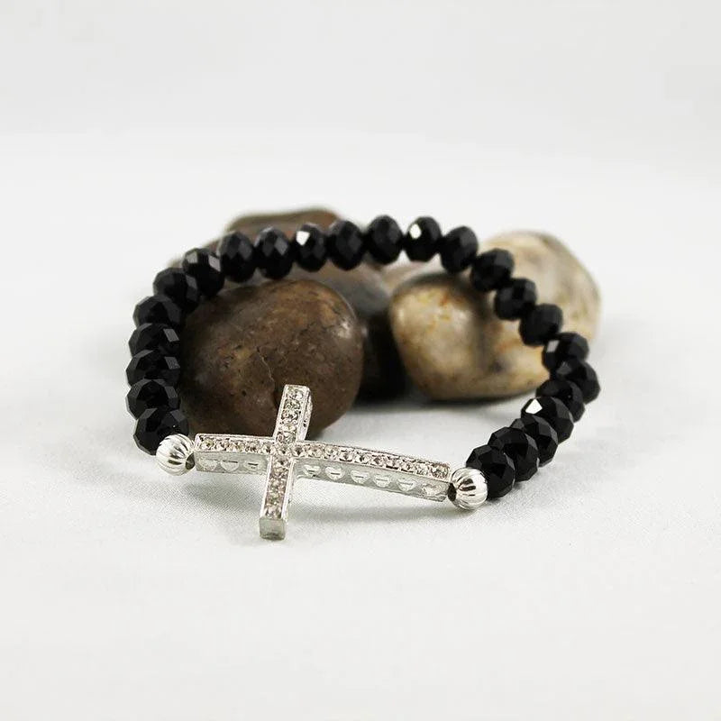 Black Crystal Silver Sideways Cross Bracelet - Gothic Grace Inc