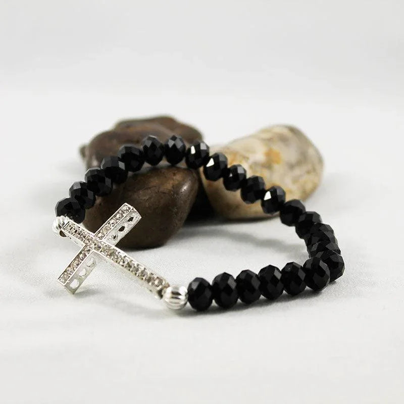 Black Crystal Silver Sideways Cross Bracelet - Gothic Grace Inc