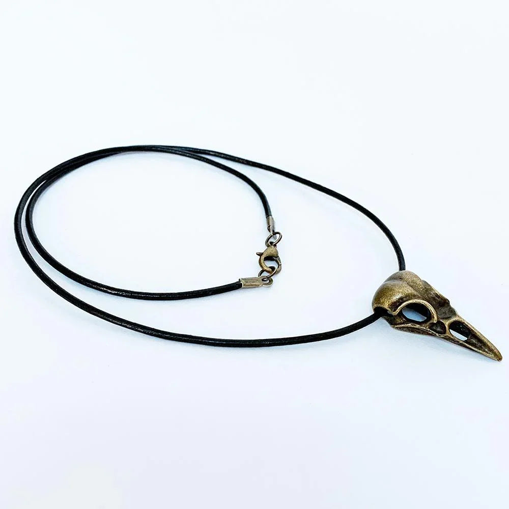 Black Leather Antique Bronze Raven Skull Pendant Necklace - Gothic Grace Inc