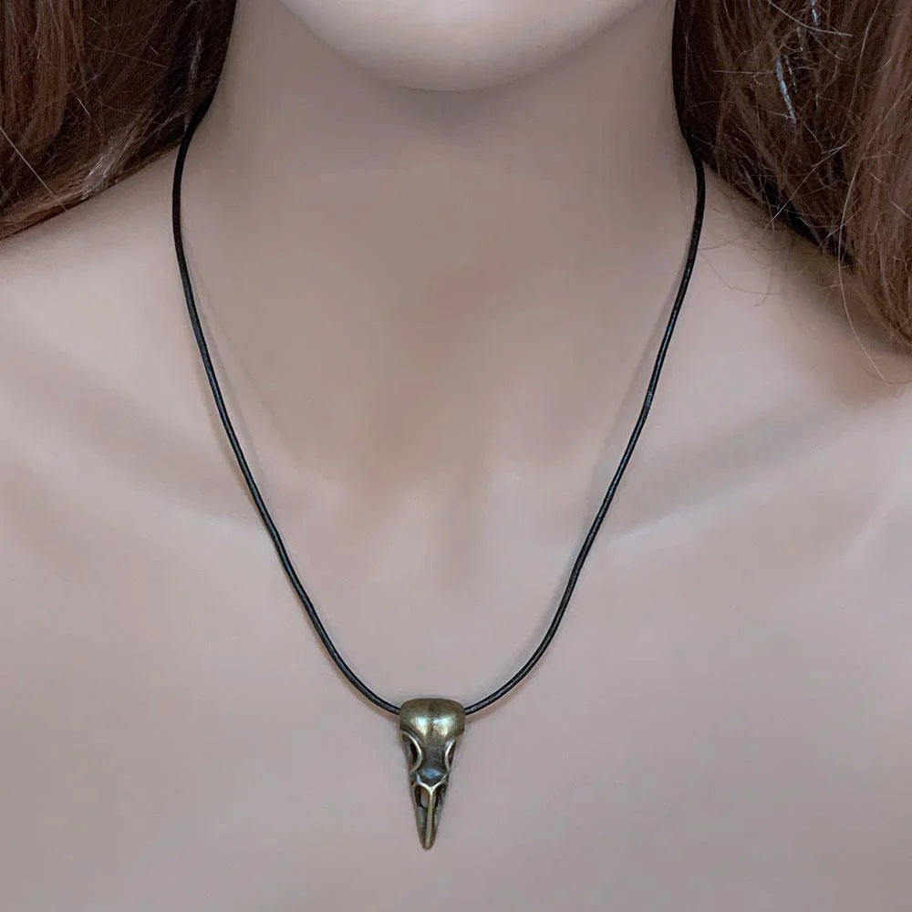 Black Leather Antique Bronze Raven Skull Pendant Necklace - Gothic Grace Inc