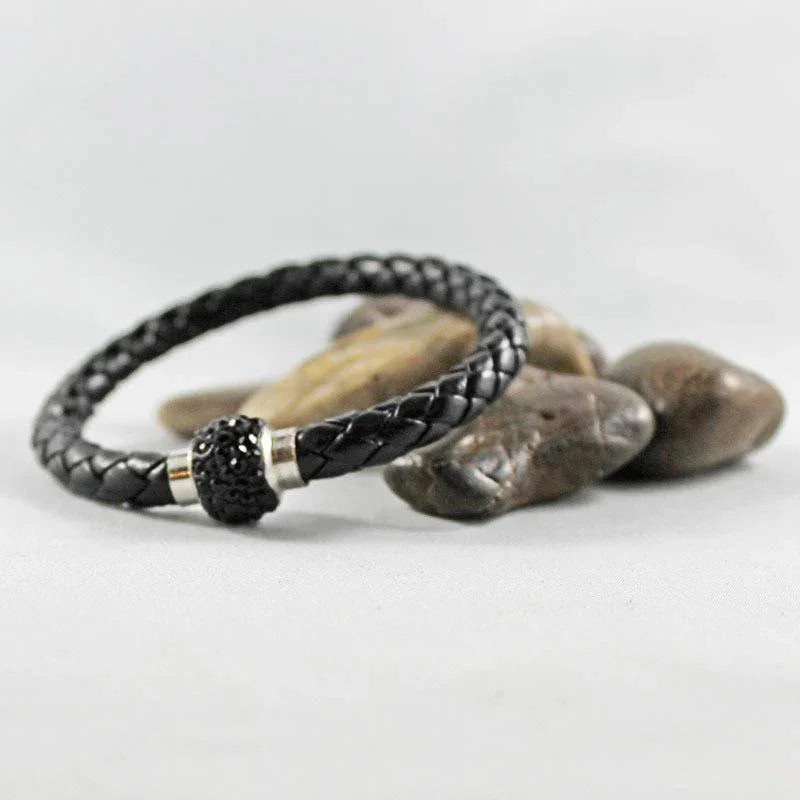 Black Leather Black Rhinestone Magnetic Clasp Bracelet - Gothic Grace Inc
