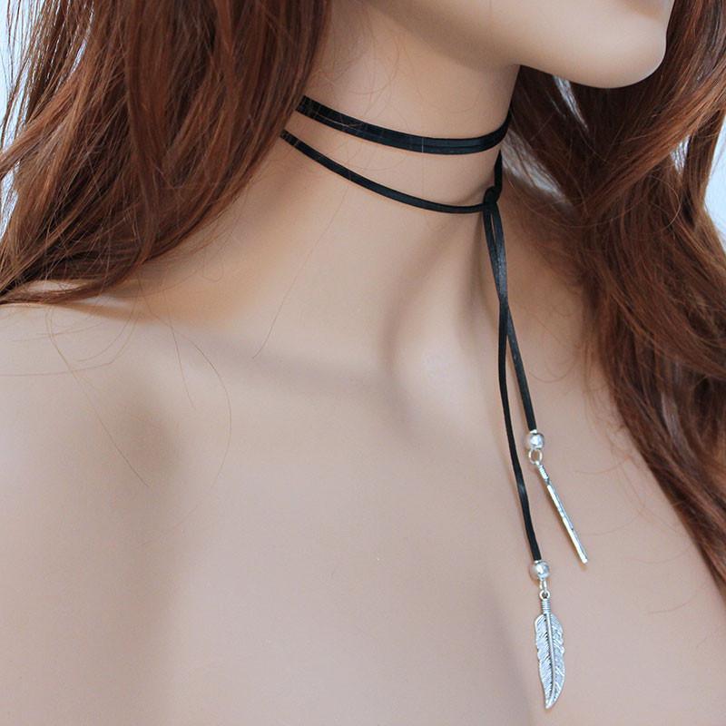 Black Leather Boho Lariat, Long Open Leather Necklace - Gothic Grace Inc