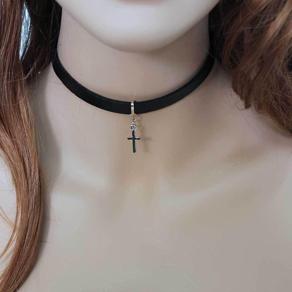 Black Leather Choker with Dainty Cross - Gothic Grace Inc
