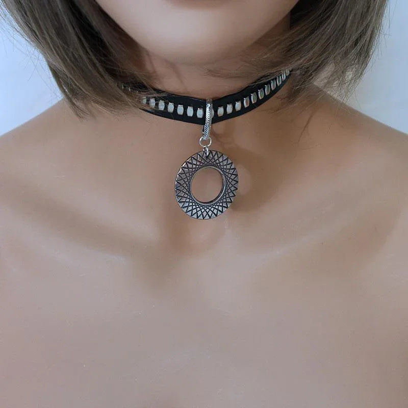 Black Leather Choker with Pendant - Gothic Grace Inc