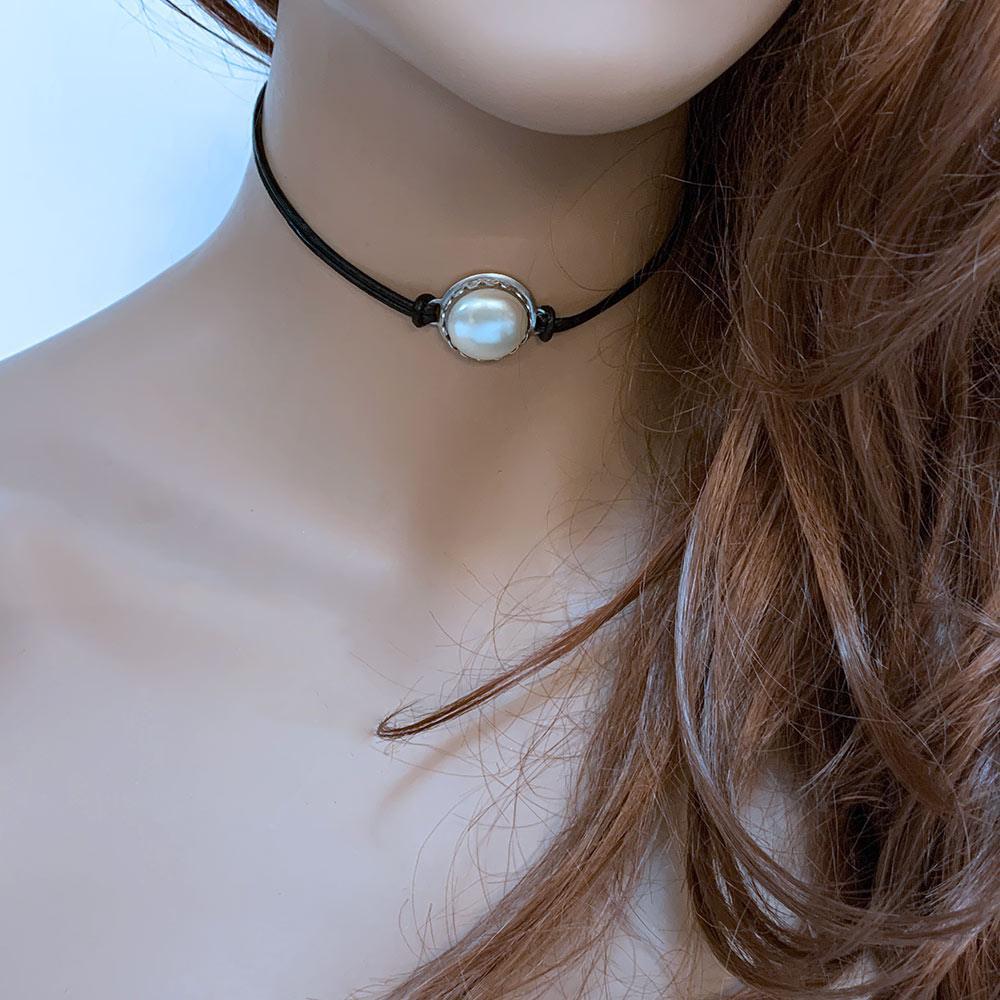 Black Leather Pearl Choker Necklace - Gothic Grace Inc