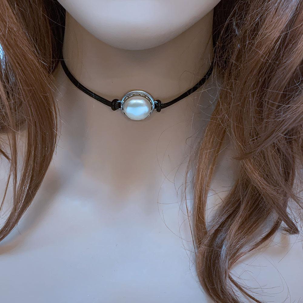 Black Leather Pearl Choker Necklace - Gothic Grace Inc