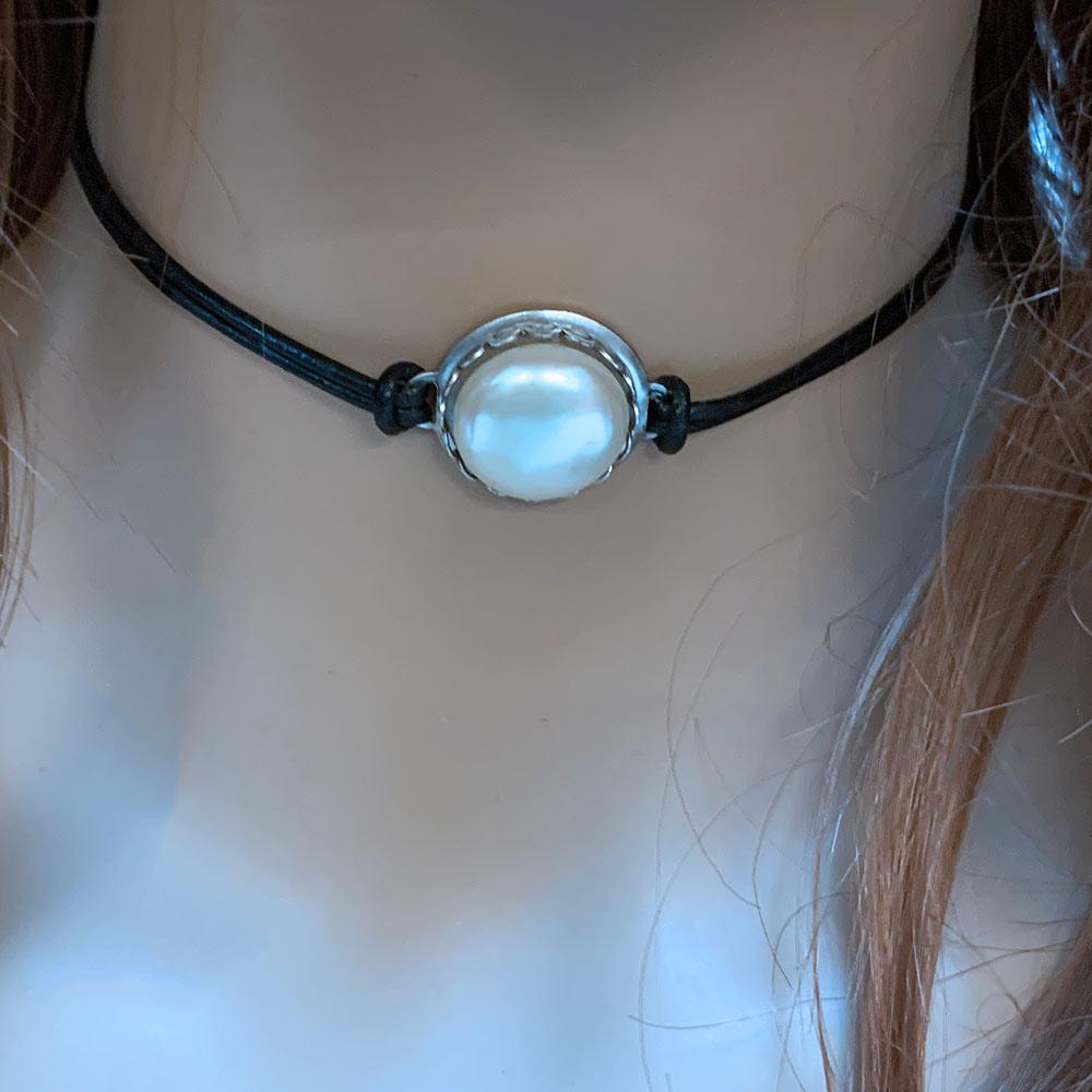 Black Leather Pearl Choker Necklace - Gothic Grace Inc