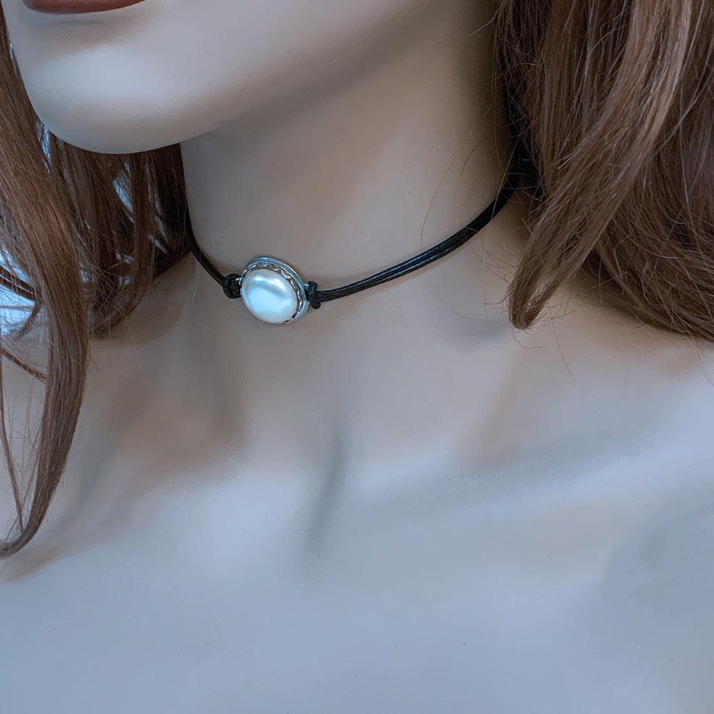 Black Leather Pearl Choker Necklace - Gothic Grace Inc