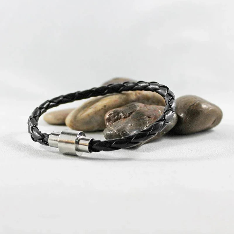 Black Leather Silver Magnetic Clasp Bracelet - Gothic Grace Inc