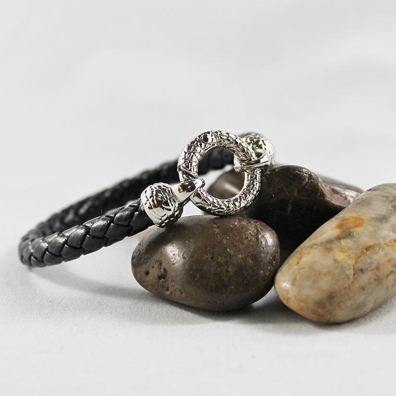 Black Leather Silver Ring Bracelet - Gothic Grace Inc