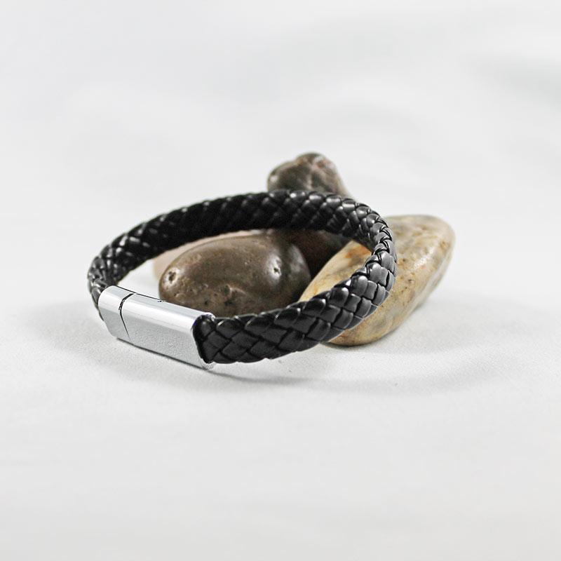 Black Leather Stainless Steel Magnetic Clasp Bracelet - Gothic Grace Inc