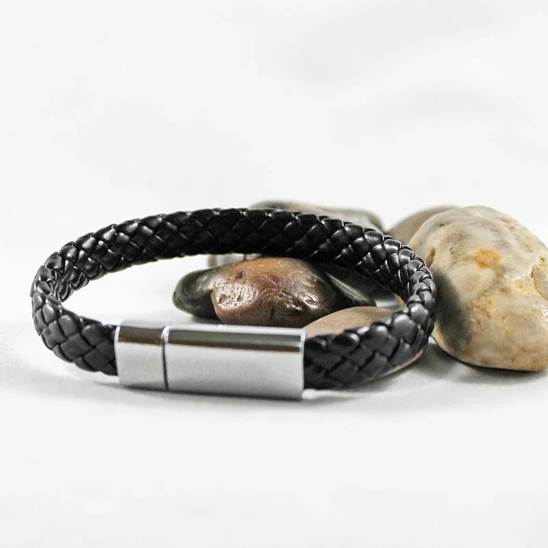 Black Leather Stainless Steel Magnetic Clasp Bracelet - Gothic Grace Inc