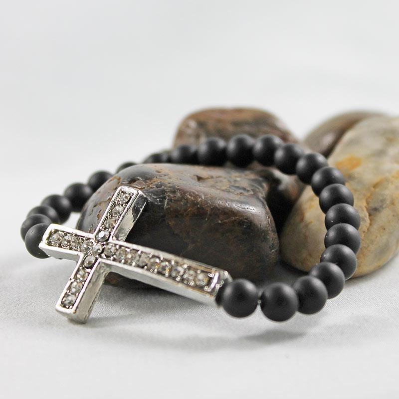 Black Matte Beaded Rhinestone Cross Bracelet - Gothic Grace Inc