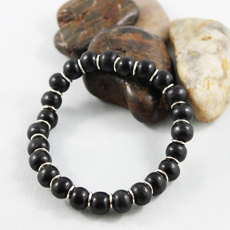 Black Round Wooden Bead Stretch Bracelet - Gothic Grace Inc